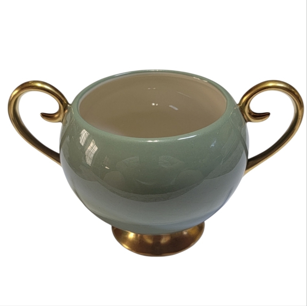 VTG 1960 FLINTRIDGE Replacement Avalon Sage Green Gold Trim Porcelain Sugar Bowl